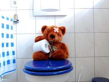 wc-n ül egy plussmackó, fején ragtapasz, kezében wc papír guriga