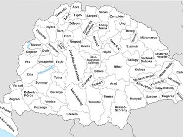 Térkép, melyen a Magyar Királyság vármegyéi láthatóak