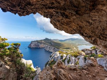 Capo Caccia, blue sea and sky in summertime. Alghero, Sassari district, Sardinia, Italy