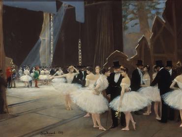 Béraud A Párizsi Opera kulisszái mögött című festménye, 1889. Balerinák és idősebb, kalapos urak az Operában