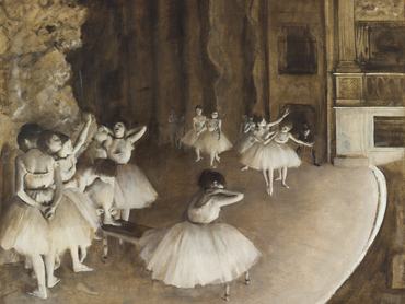 Edgar Degas egyik balett-tematikájú festménye,balerinák próba közben