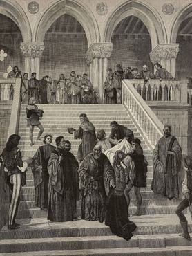 Last moments of the Doge Marino Faliero (1355), from a painting by Francesco Hayez, drawing by A Cairoli, engraving by A Centenari from L'Illustrazione Italiana, No 6, February 7, 1886.