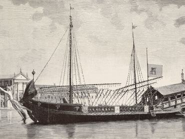 Replica of the galley of Francesco Morosini (1619-1694), Doge of Venice, during the same day as the launch of battleship Morosini, Venice, Italy, engraving from L'Illustrazione Italiana, year 12, no 33, August 16, 1885.