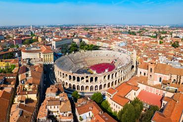 Verona Arena aerial panoramic view. Arena is a Roman amphitheatre in Piazza Bra square in Verona, Italy