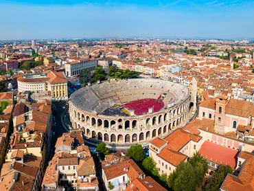 Verona Arena aerial panoramic view. Arena is a Roman amphitheatre in Piazza Bra square in Verona, Italy