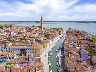 Italy, Veneto region, Venezia: aerial view of the town of Burano, with its colourful houses.