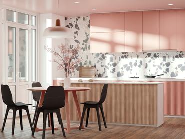 Kitchen interior design in modern style with terazzo wall and pink cabinets, 3d rendering