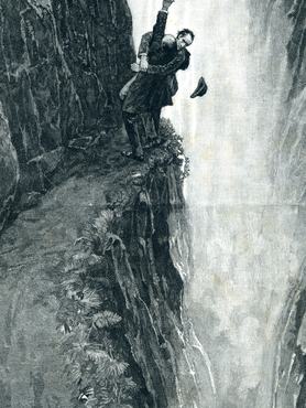 Sherlock Holmes halálának rajzos illusztrációja egy vízesésnél zuhan két férfi