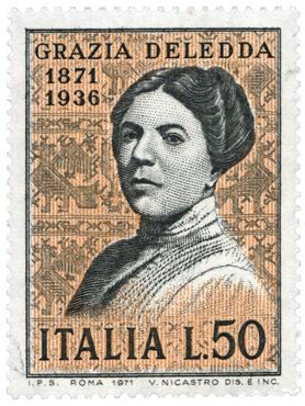 A stamp depicting a portrait of the writer Grazia Deledda (September 28, 1871 - August 15,1936) issued by the Italian Post Office for the centenary of her birth, she was winner of the Nobel Prize for literature in 1926. Drawing by Vittorio Nicastro, rotogravure and chalcography IPS Roma. Italy, issued on September 28, 1971. (Photo by Fototeca Gilardi/Getty Images)