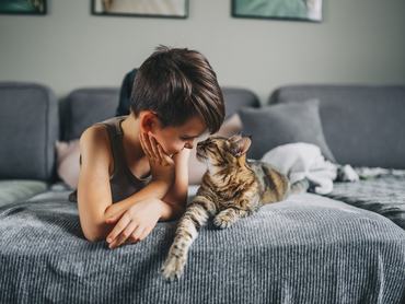 Little kid boy with his cat pet on the couch. Children and love pets concept. Friendship with aimals