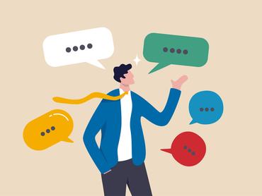 Verbal or oral communication skill, storytelling or explanation, public speaking, talking or discussion, telling message or speech concept, confidence businessman talking with multiple speech bubbles.