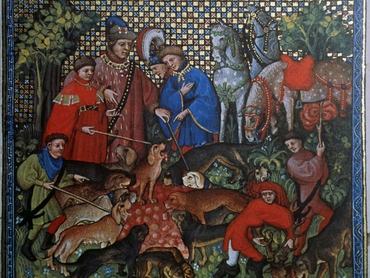 FRANCE - OCTOBER 21: Hunting scene, illustration from the Livre de Chasse, medieval treatise on hunting (1387-1389), by Gaston III, Count of Foix known as Gaston Phoebus, miniature (14th century), Moncade tower (13th century), Orthez, Aquitaine, France. (Photo by DeAgostini/Getty Images)