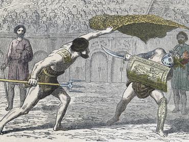 Gladiátorharc egy retiarius és egy szamnit között, ismeretlen művész munkája a 19. század közepéről