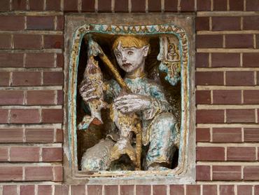 Margit Kovacs ceramic alcove located at St. Florian, Katona Jozsef street, 33. Budapest, Hungary - 7 May, 2019