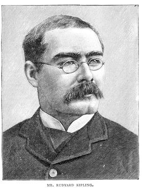 "Vintage engraving of Rudyard Kipling a British author and poet. Born in Bombay, in British India, he is best known for his works of fiction The Jungle Book."
