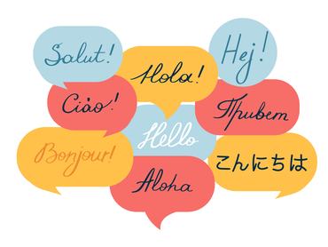 Hand written Hello in different languages on colorful speech bubbles. Isolated on white vector illustration