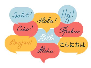 Hand written Hello in different languages on colorful speech bubbles. Isolated on white vector illustration