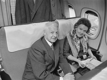 Soviet spies Morris Cohen (also known as Peter Kroger) and wife Lona Cohen (also known as Helen Kroger) aboard a plane, October 24th 1969. The couple were released in a prisoner exchange in July and were en route to Warsaw, Poland. (Photo by Lovelace/Daily Express/Hulton Archive/Getty Images)