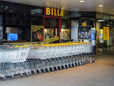The entrance of a Billa supermarket is in Linz, Upper Austria, Austria, on December 26, 2024. A row of neatly stacked shopping carts is ready for customers. (Photo by Michael Nguyen/NurPhoto via Getty Images)