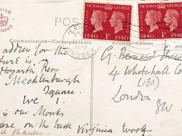 Postcard sent from Virginia Woolf to George Bernard Shaw, 1940. Card sent by Woolf from Lewes in Sussex to fellow writer Shaw at 4 Whitehall Court (130) London SW 1. 'The address for the picture is Hogarth Press, 37 Mecklenburgh Square, WC 1. This is our Monks House on the back. Virginia Woolf - and thanks'. Woolf and her husband Leonard, leading lights of the Bloomsbury Group, bought Monk's House at Rodmell in East Sussex as a retreat from London life. The stamps, with the heads of Queen Victoria and her great-grandson King George VI, celebrate the centenary of first adhesive postage stamp. Creator: Virginia Woolf. (Photo by Heritage Art/Heritage Images via Getty Images)