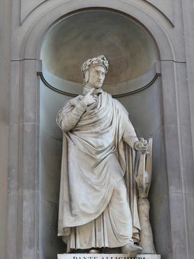 Florence, FI, Italy - March 4, 2025: statue of DANTE ALIGHIERI an italian famous writer of DIVINE COMEDY also called DIVINA COMMEDIA
