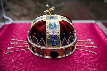 The Holy Crown of Hungary on red velvet