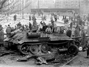 Soviet tank destroyed and mounted by protesters in Budapest, Hungary 1956. . (Photo by: Universal History Archive/Universal Images Group via Getty Images)
