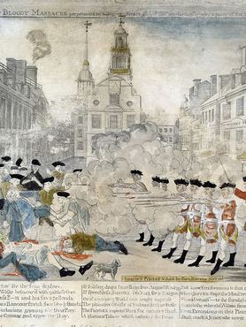 “The Bloody Massacre perpetuated in King Stret Boston on March 5th 1770 by a Party of the 29th Reg.” Engraved by Paul Revere. (Photo by: Universal History Archive/Universal Images Group via Getty Images)