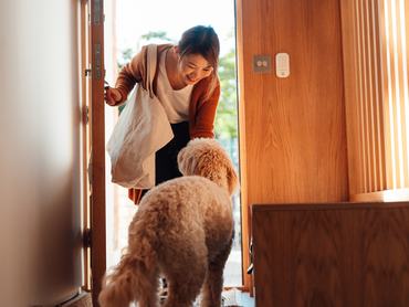 Egy fiatal ázsiai nő belép az ajtón, a kutya üdvözli az előszobában