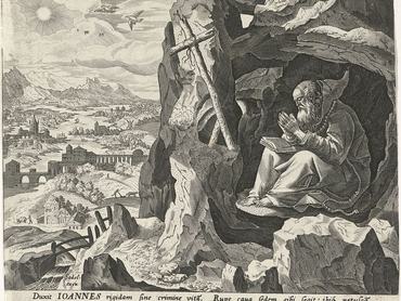 Sadeler. Raphael (I), Johann (I), Vos, Maerten de, Antwerp, Solitudo Sive Vitae Patrum Eremicolarum, Male Hermits, John Cassian as a Hermit, verso lower left - stamped, Saint John Cassian in a cave in the desert. He sits before a crucifix and reads a Bible while praying. A landscape in the background. (Photo by: Sepia Times/Universal Images Group via Getty Images)
