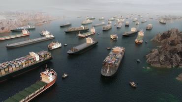 Cargo vessels congestion blocking maritime traffic in the Strait of Hormuz, tankers and container cargo ships clustered in aerial 3D illustration render. Strategic maritime chokepoint linking the Persian Gulf and Gulf of Oman. Global trade dependency, export logistics, freight transport, supply chain vulnerability, geopolitical tension 3D