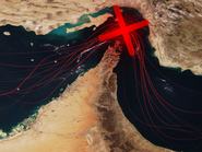 Satellite view of the Strait of Hormuz with red shipping lines and a large red X mark, symbolizing a blockade, maritime conflict, or trade disruption in this strategic global oil chokepoint.