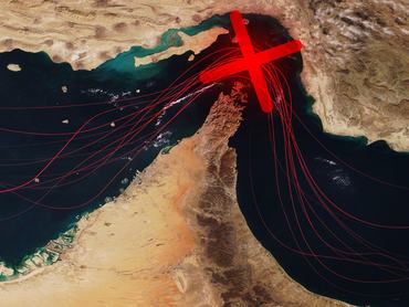Satellite view of the Strait of Hormuz with red shipping lines and a large red X mark, symbolizing a blockade, maritime conflict, or trade disruption in this strategic global oil chokepoint.