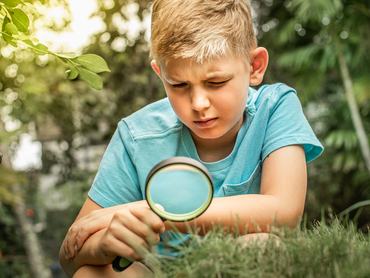 egy kisfiú nagyítóval vizsgálja a füvet a napsütésben