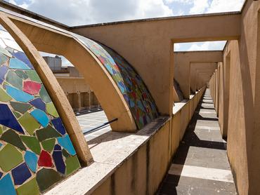 Gibellina New City, Trapani, Italy - September 20, 2015.  colorful mosaics  portico detail of the Square System a large urban structure designed by Thermes-Purini, Trapani, Sicily