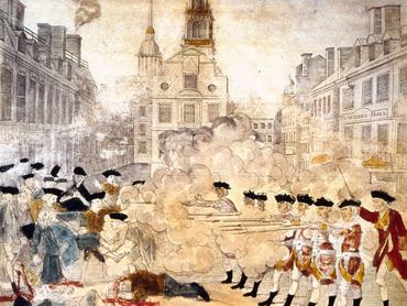 The Boston massacre in which British troops opened fire on a crowd, killing five people and inflaming American opinion. Original Artwork: Picture by Paul Revere (1735 - 1818).   (Photo by MPI/Getty Images)
