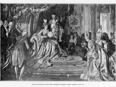 kb. 1772: Marie Antoinette (1755–1793), XVI. Lajos felesége, Mária Terézia császárnő és I. Ferenc német-római császár negyedik lánya. 1770-ben ment férjhez XVI. Lajoshoz, és 1774-ben lett Franciaország királynéja.  A képen Marie Antoinette és férje, Lajos, a versailles-i palota lakosztályaiban tartanak udvart, XV. Lajos uralkodásának utolsó éveiben. (Fotó: Hulton Archive / Getty Images)