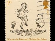 Emlékpostai bélyeg, amelyen A.A. Milne Micimackó, Christopher Robin és Malac karakterei láthatók