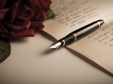 fountain pen on text sheet paper with rose close-up
