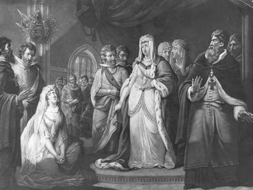 1139 körül. István angol király felesége, Boulogne-i Matild királyné könyörög férje szabadon bocsátásáért Matilda császárnénál (1102–1167), V. Henrik német-római császár özvegyénél, aki eredetileg angol hercegnőként született. Az eredeti mű J. G. Hulck alkotása alapján készült metszet. (Fotó: Hulton Archive/Getty Images)