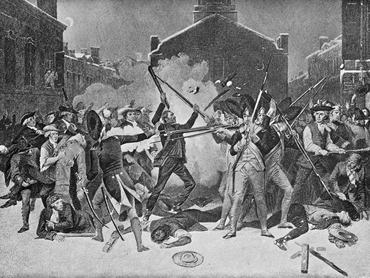Image from 1896 showing the Boston Massacre in 1770 which was part of the American Revolutionary War.