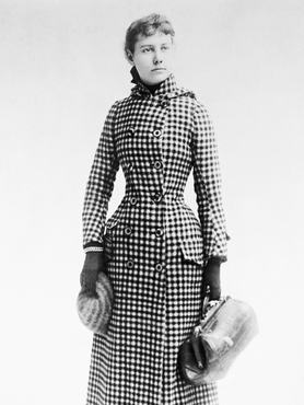 Az újságíró nő, Nellie Bly utazótáskával a kezében, 19. század vége