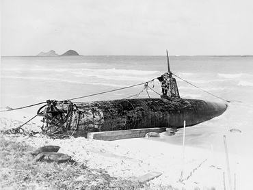 Japanese 'midget' submarine on the beach at Bellows Field, Hawaii, after the attack on Pearl Harbor, Hawaii, December 7, 1941. Silver print, US Navy photographer, 1941. (Photo by VCG Wilson/Corbis via Getty Images)