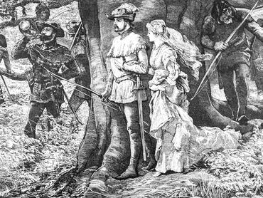 Robin Hood gets Married to Maid Marian in the forest of Sherwood from an 1886 antique book "British Ballads Old and New" by George Barnett Smith.