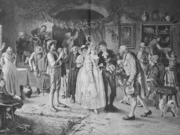 Esküvő Itáliában a 18. században – a menyasszony és a vőlegény családtagok és zenészek körében. Egy 1880 és 1885 között megjelent kép digitálisan feljavított reprodukciója. (Fotó: Bildagentur-online/Universal Images Group a Getty Images közvetítésével)