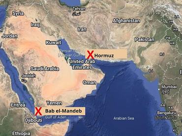 A Közel-Kelet térképe, amely kiemeli a Hormuzi-szorost és a Bab el-Mandeb-szorost is.
