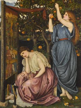 Penelope John Roddam Spencer Stanhope festményén: melankolikusan üldögél a szövött lepel mellett, miközben szolgálónője narancsot szed egy fáról