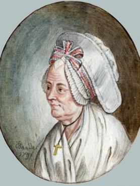 Thérèse Levasseur, Rousseau élettársa idős korában, fehér viseletben, különös fehér fejfedővel