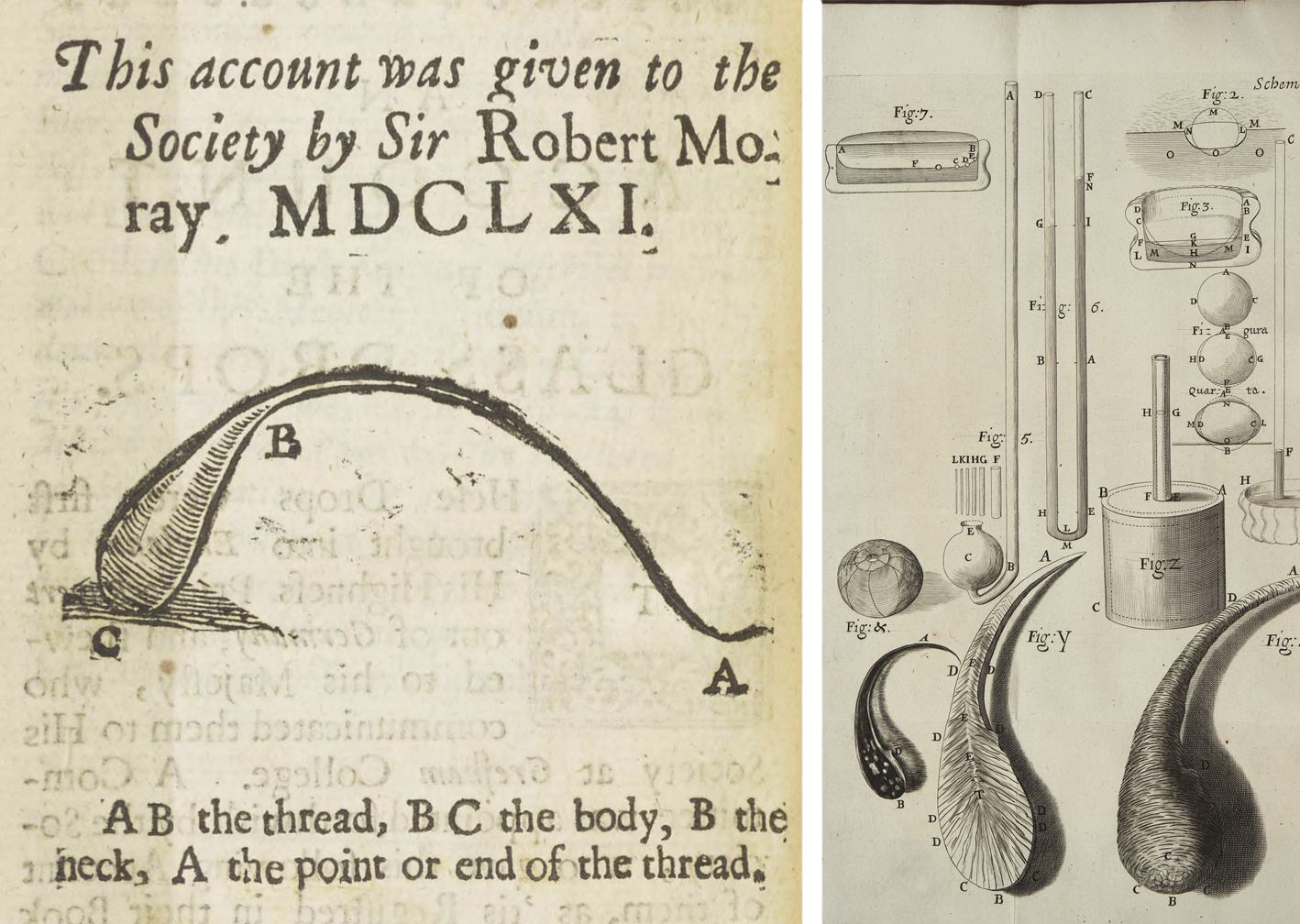 Sir Robert Moray leírása Rupert herceg cseppjéről 1661-ből, és Robert Hooke-é 1665-ből