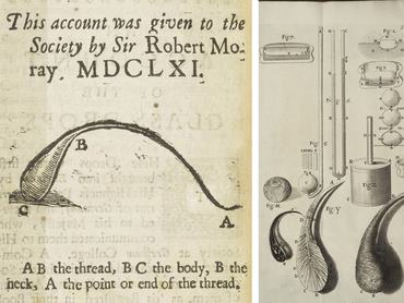 Sir Robert Moray leírása Rupert herceg cseppjéről 1661-ből, és Robert Hooke-é 1665-ből